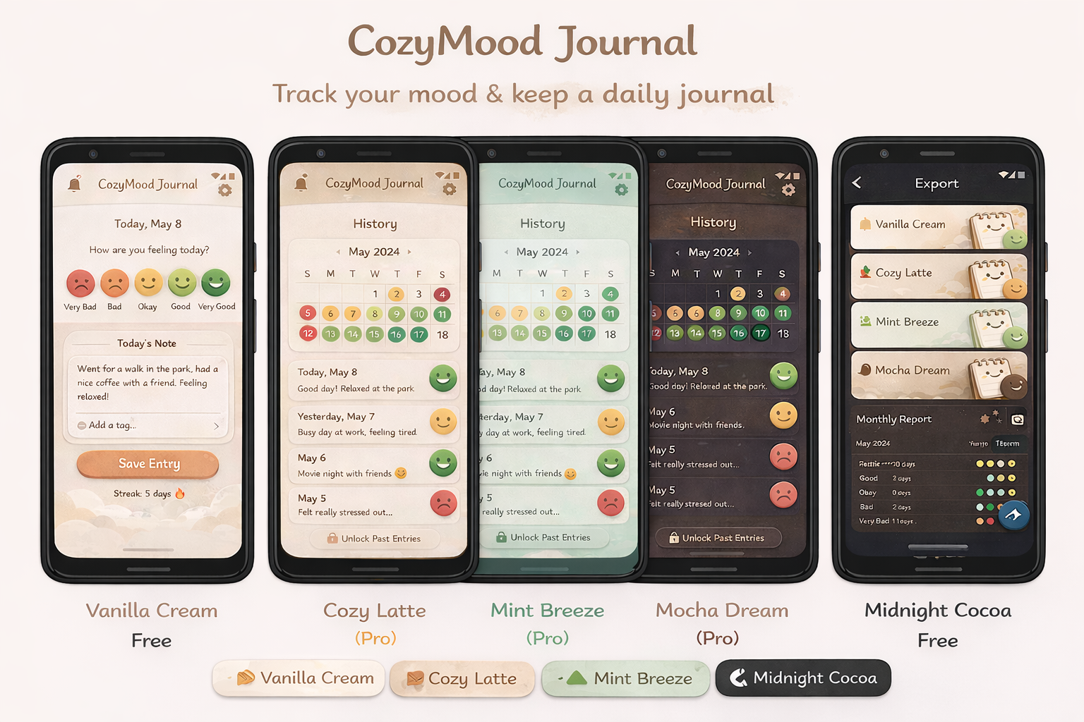 CozyMood Journal themes preview